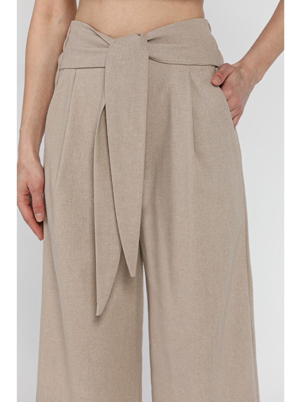Bej Bel Bağlamalı Fermuarlı Kadın Keten Pantolon-3