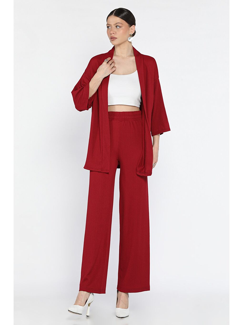 Bordo Kadın Kimono Pantolon İkili Takım