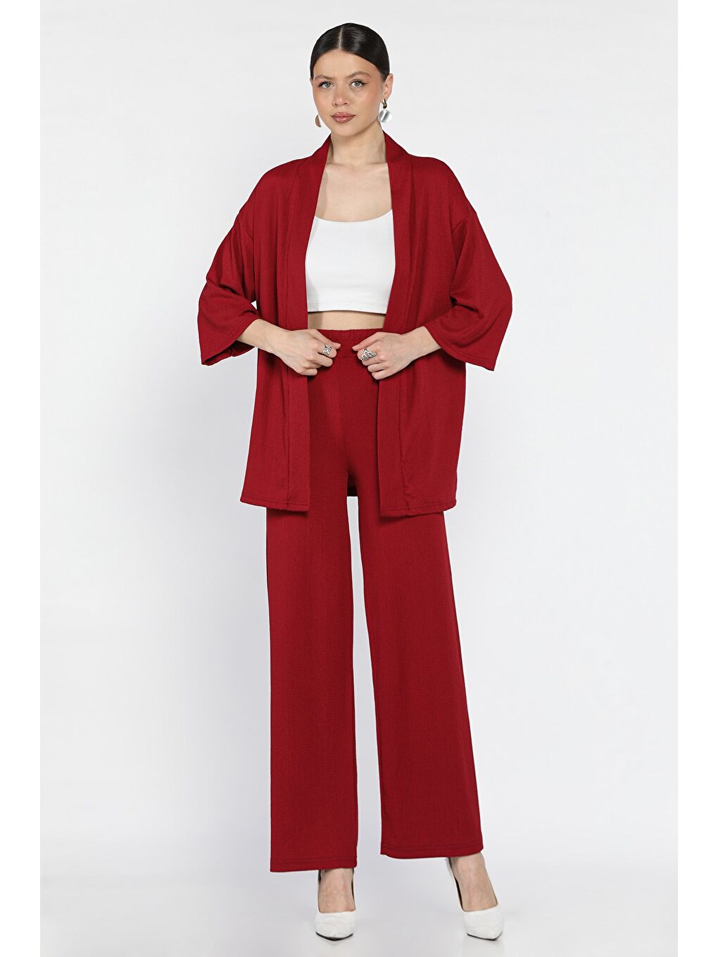 Bordo Kadın Kimono Pantolon İkili Takım-1