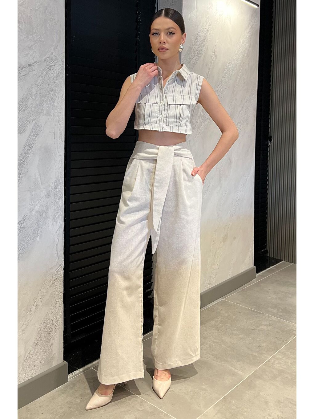 Bej Bel Bağlamalı Fermuarlı Kadın Keten Pantolon-1