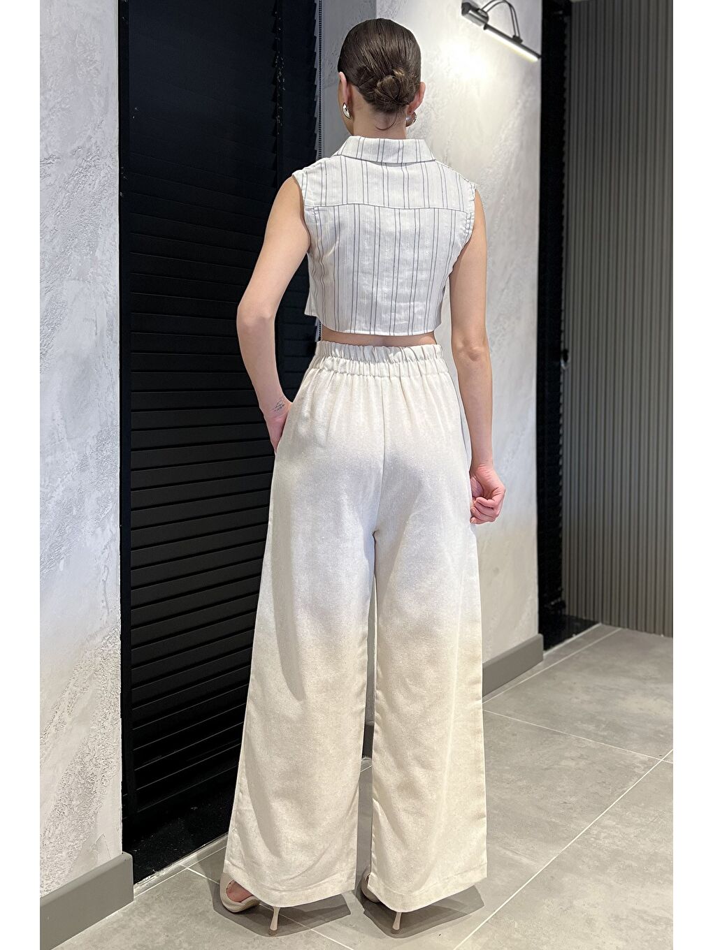 Bej Bel Bağlamalı Fermuarlı Kadın Keten Pantolon-2