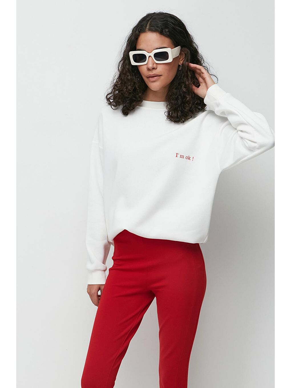 C&City Ekru Baskılı Oversize Uzun Kol Kalın Sweatshirt 950 Ekru