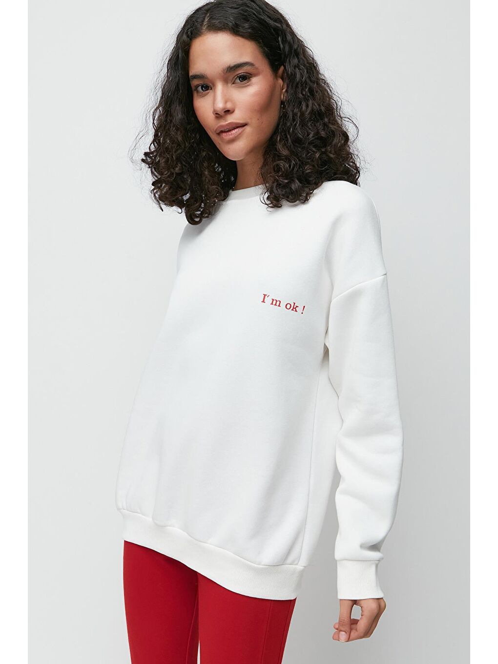 C&City Ekru Baskılı Oversize Uzun Kol Kalın Sweatshirt 950 Ekru - 1