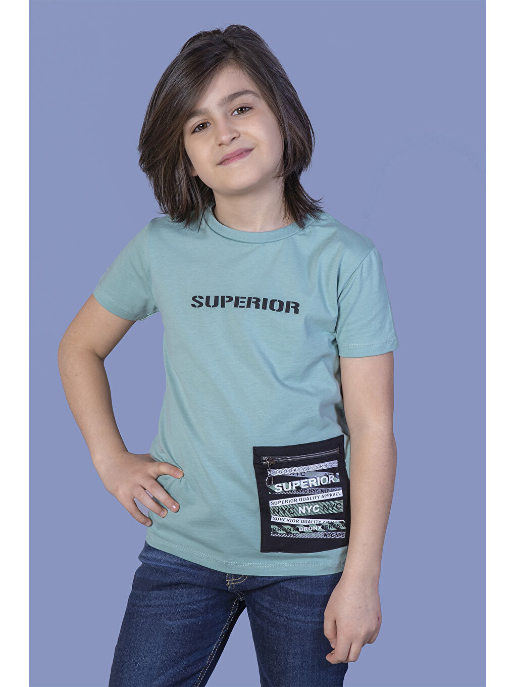 Yeşil Erkek Çocuk Baskılı Cebi Fermuar Kapatmalı Tişört