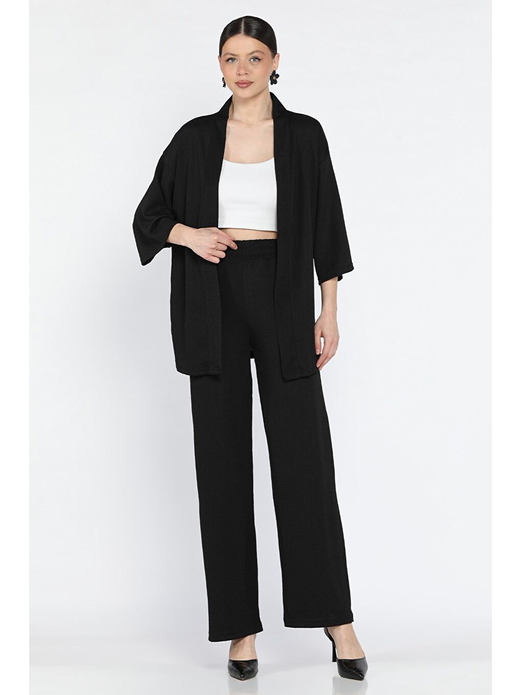 Siyah Kadın Kimono Pantolon İkili Takım