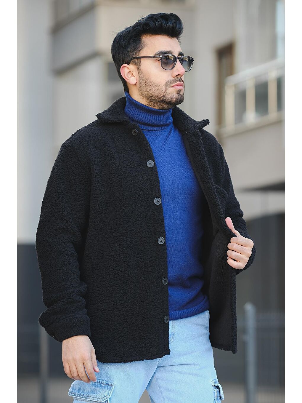 Siyah Morris Erkek Peluş Slim Fit Gömlek Yaka Kışlık Tek Cepli Ceket-2