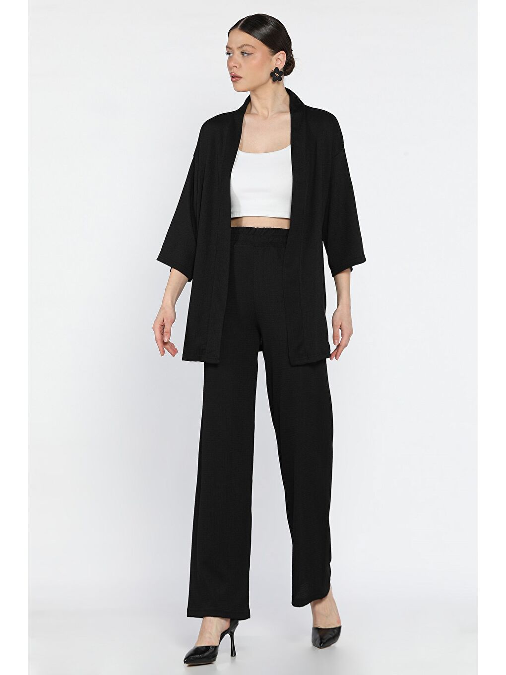 Siyah Kadın Kimono Pantolon İkili Takım-1