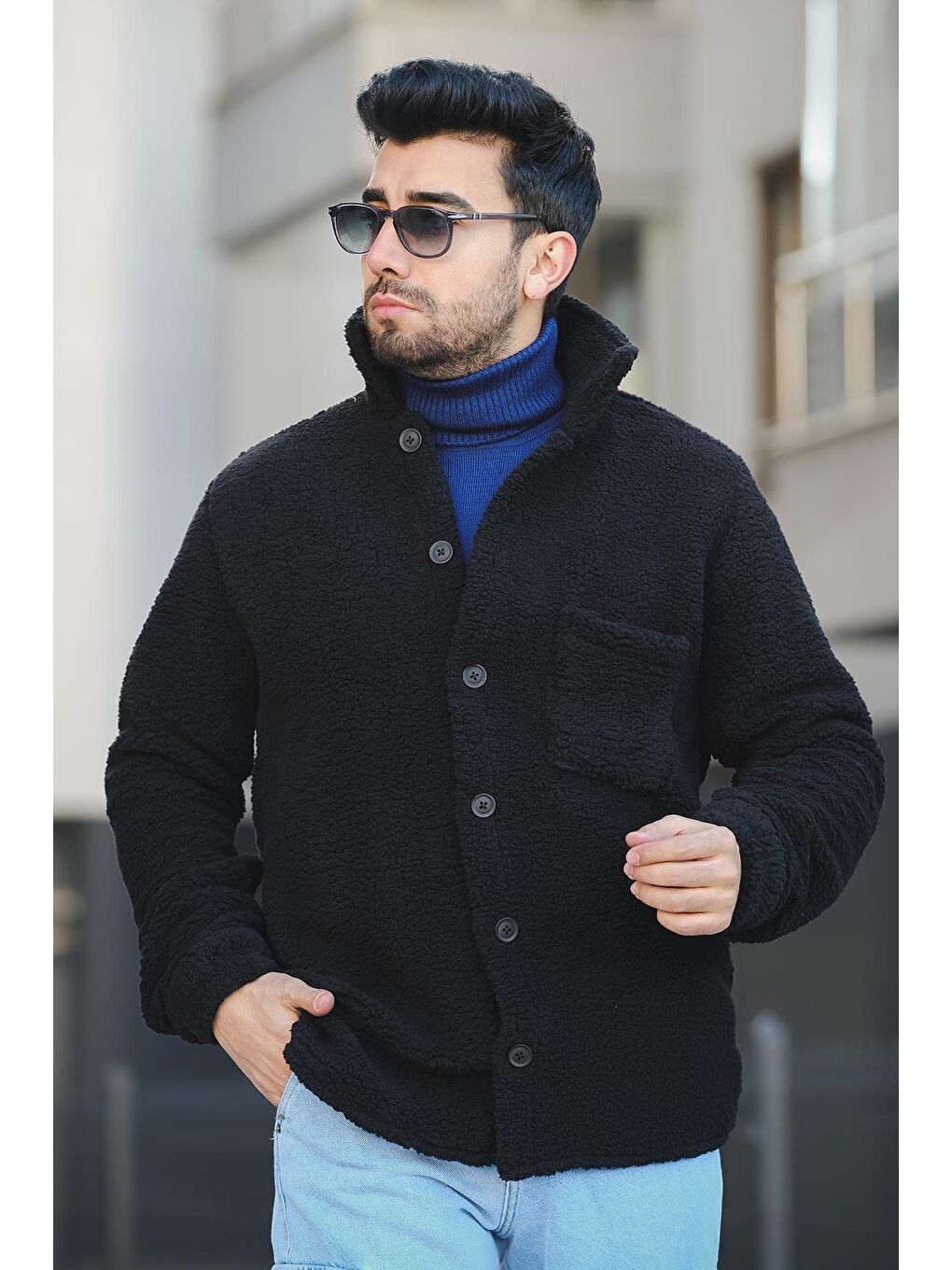 Siyah Morris Erkek Peluş Slim Fit Gömlek Yaka Kışlık Tek Cepli Ceket-3