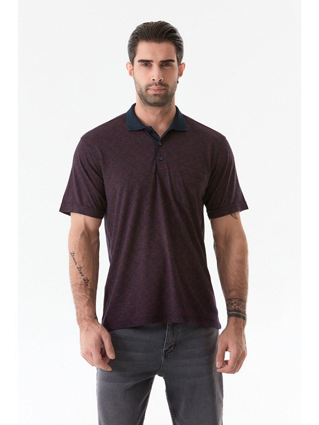 Bordo Jakarlı Tek Cepli Polo Yaka Tişört