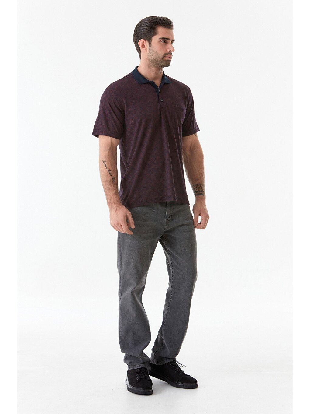 Bordo Jakarlı Tek Cepli Polo Yaka Tişört-1