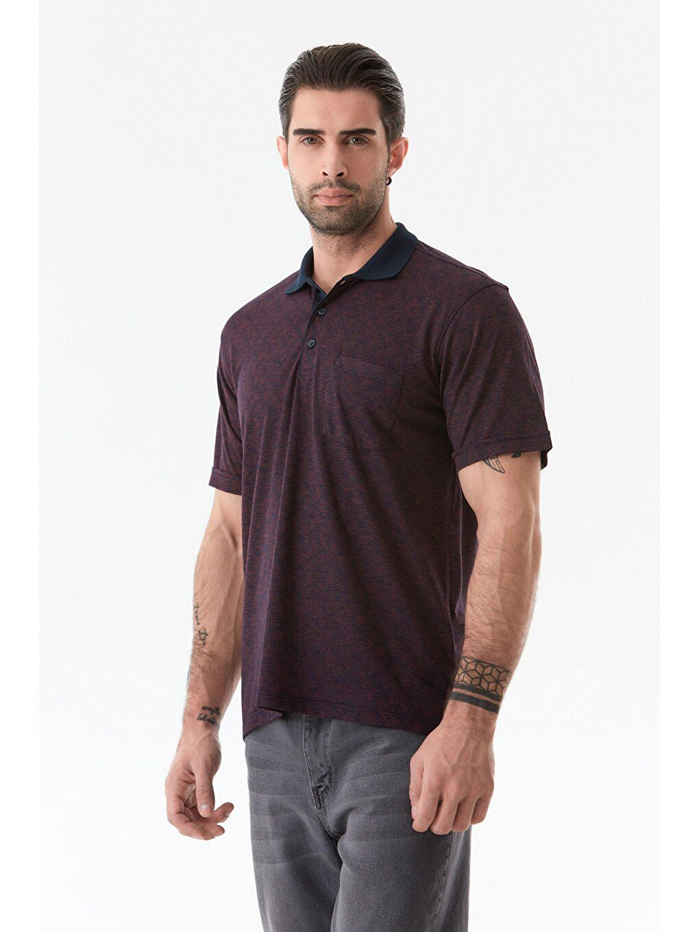 Bordo Jakarlı Tek Cepli Polo Yaka Tişört-3
