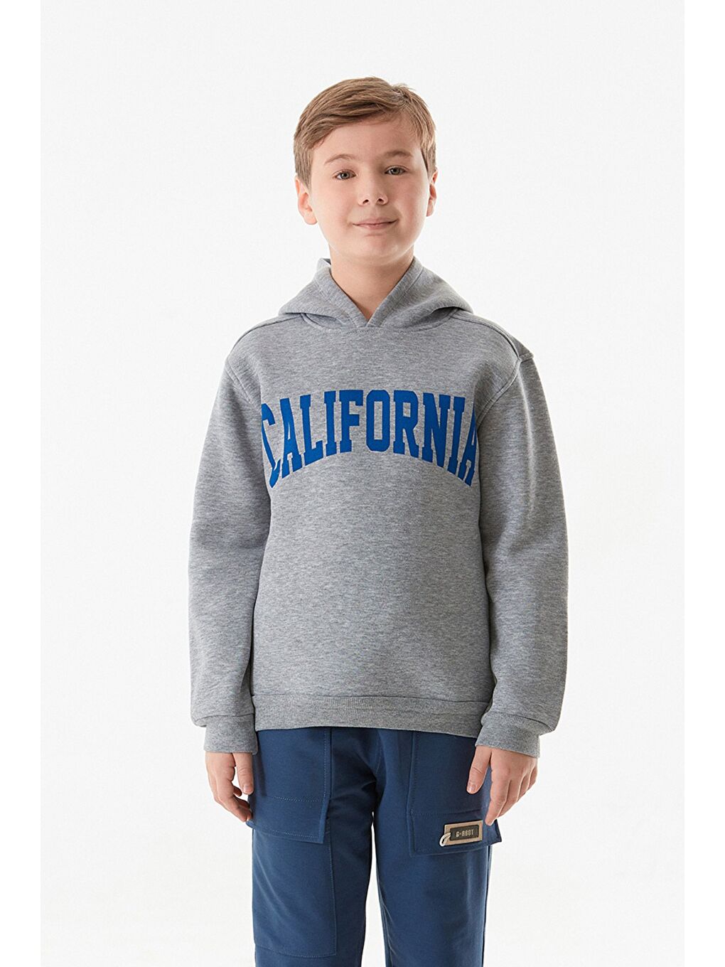 Gri 3 İplik California Baskılı Kapüşonlu Erkek Çocuk Sweatshirt