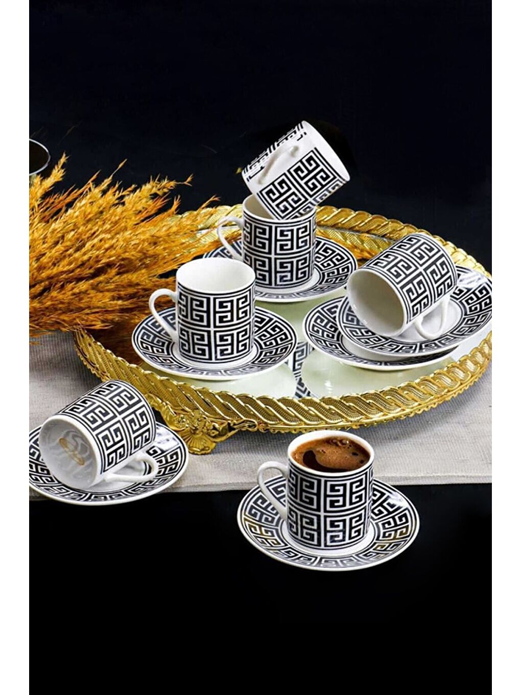 Siyah Yx01 Desenli 6 Kişilik Porselen Fincan Takımı 90c-3