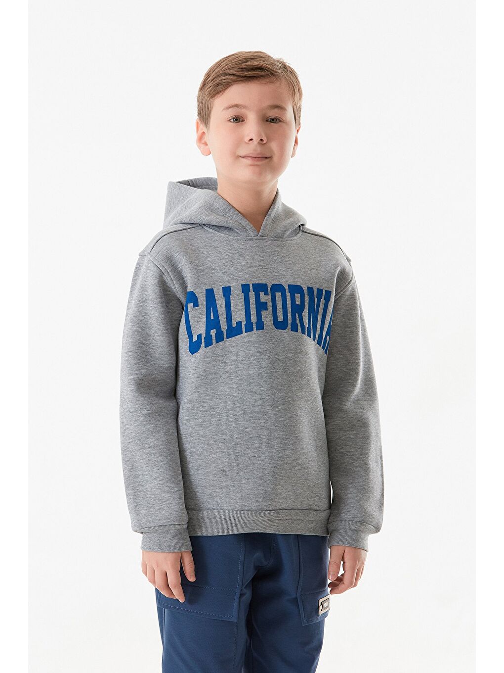 Gri 3 İplik California Baskılı Kapüşonlu Erkek Çocuk Sweatshirt-1