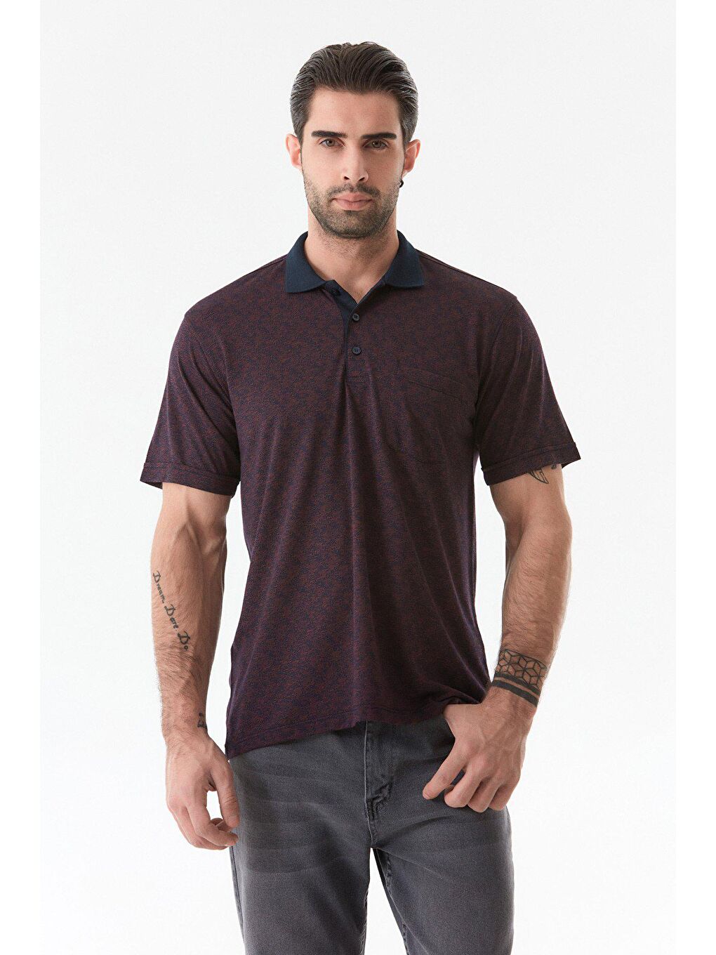 Bordo Jakarlı Tek Cepli Polo Yaka Tişört-4