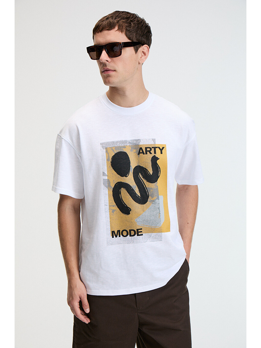 Vıbe Erkek %100 Pamuk Oversıze Fit Baskılı Kısa Kollu Yuvarlak Yakalı Beyaz T-shirt-1