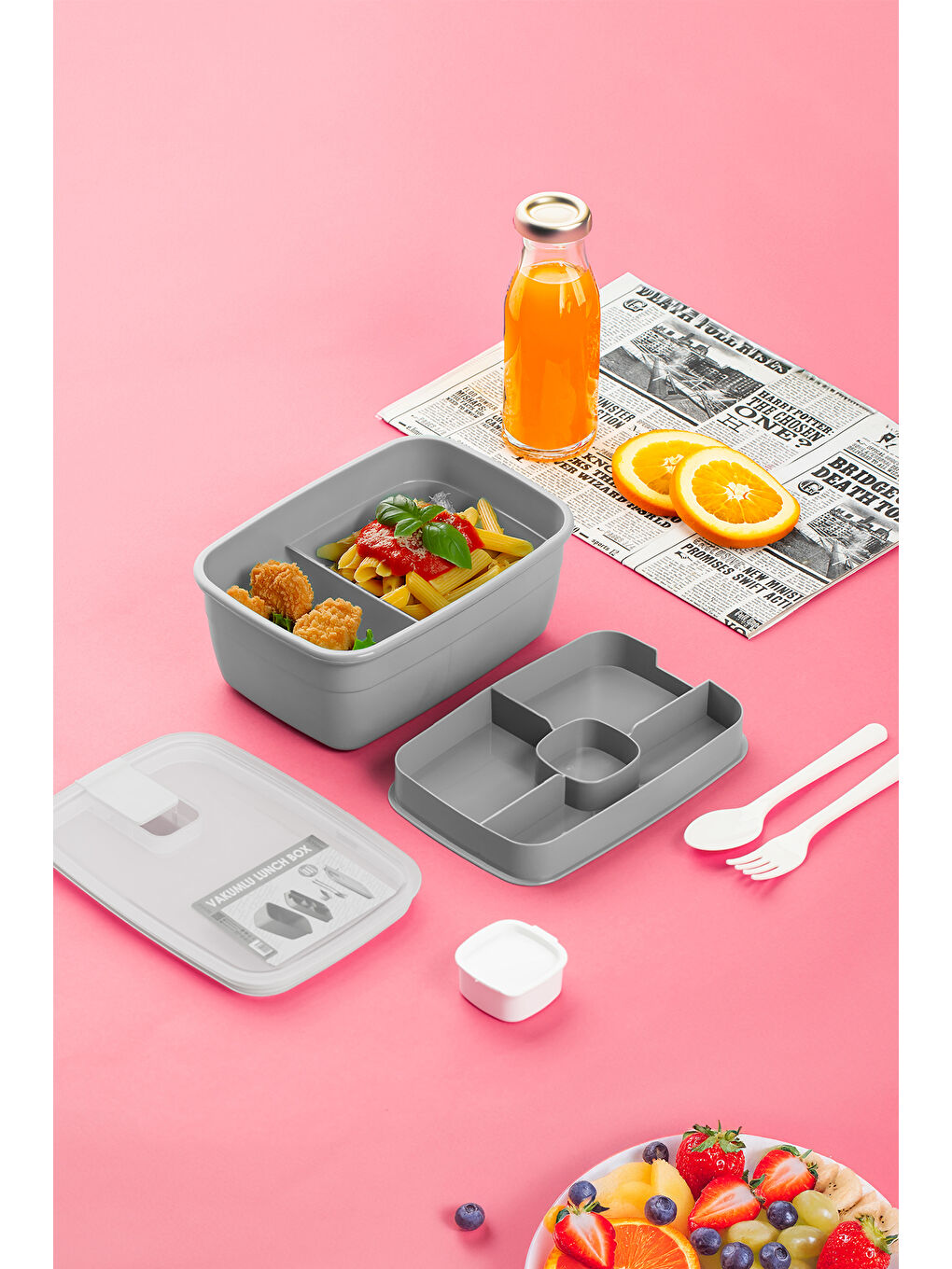 Gri 3194 Vakumlu Kendinden Kaşık Çatallı Sosluklu Bölmeli Beslenme Çantası- 2 Katlı Lunch Box-Sefer Tası-1
