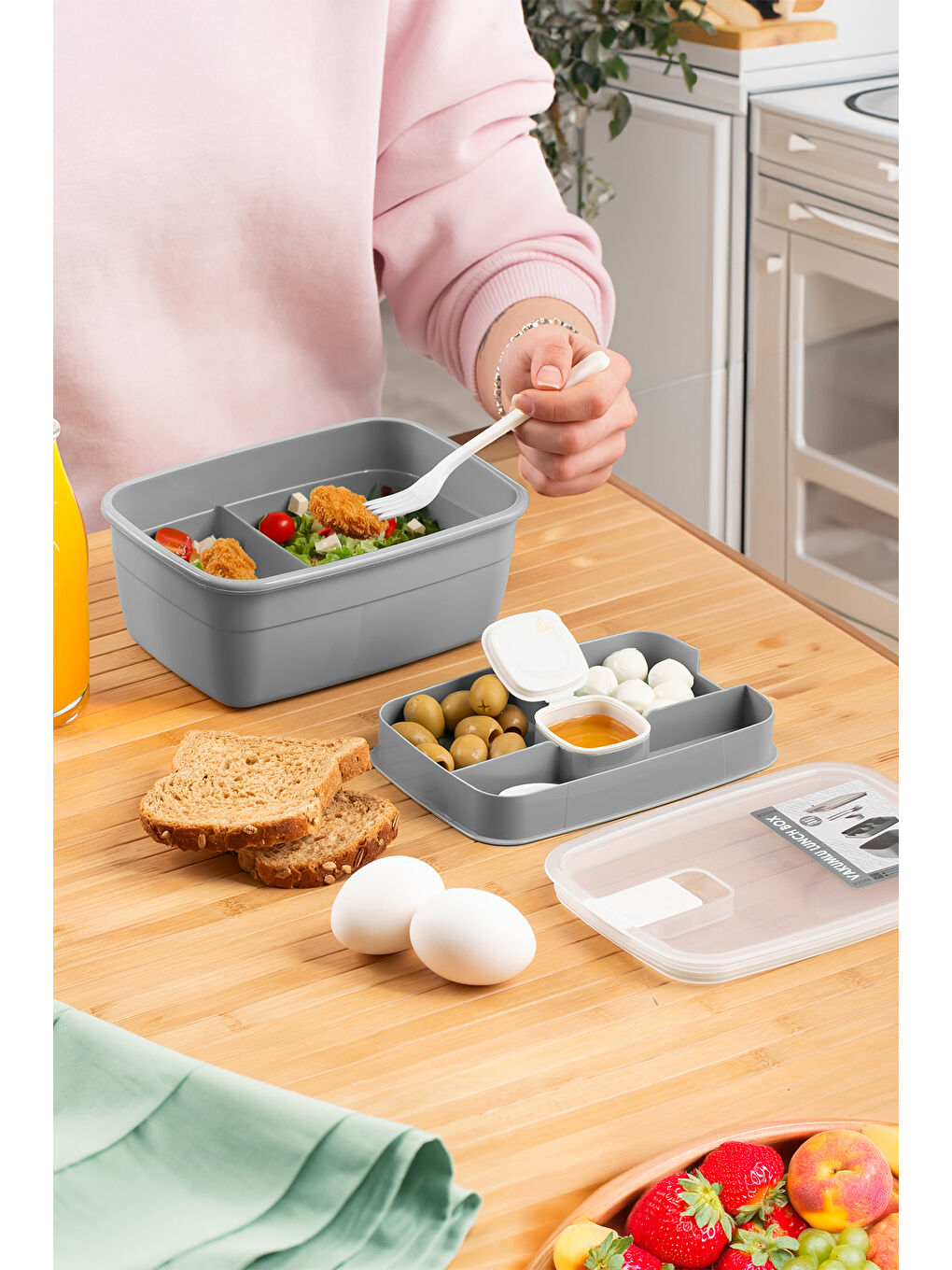 Gri 3194 Vakumlu Kendinden Kaşık Çatallı Sosluklu Bölmeli Beslenme Çantası- 2 Katlı Lunch Box-Sefer Tası-3