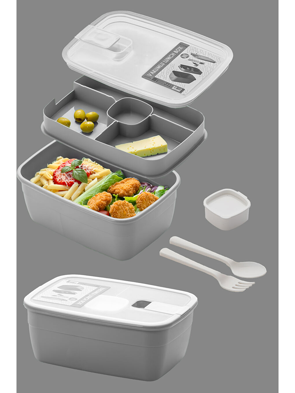 Gri 3194 Vakumlu Kendinden Kaşık Çatallı Sosluklu Bölmeli Beslenme Çantası- 2 Katlı Lunch Box-Sefer Tası-4