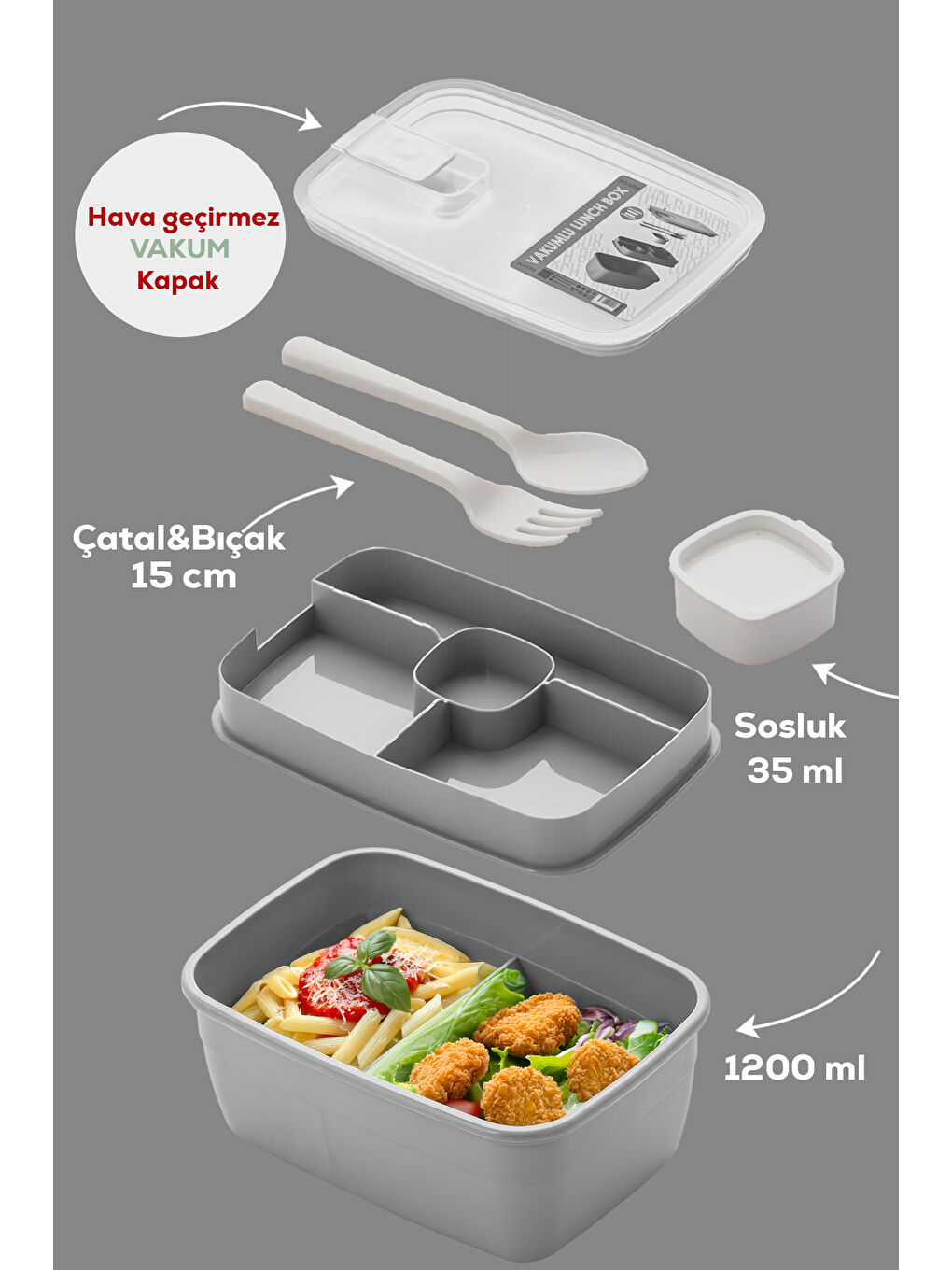 Gri 3194 Vakumlu Kendinden Kaşık Çatallı Sosluklu Bölmeli Beslenme Çantası- 2 Katlı Lunch Box-Sefer Tası-5