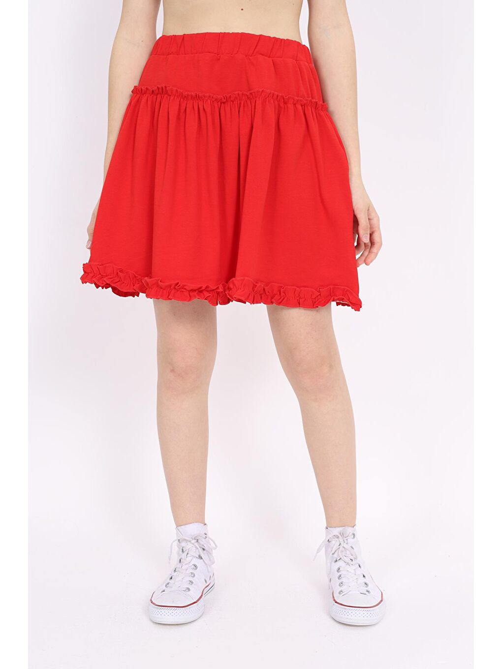 Kırmızı Kız Çocuk Etek Fırfırlı Büzgülü-1