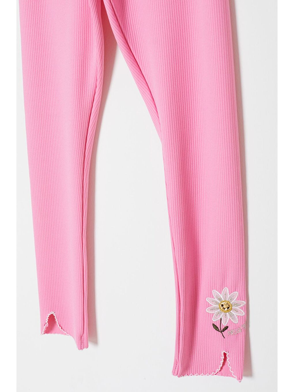 Pembe Papatya Nakışlı Fitilli Kız Çocuk Yırtmaçlı Tayt 18142-1