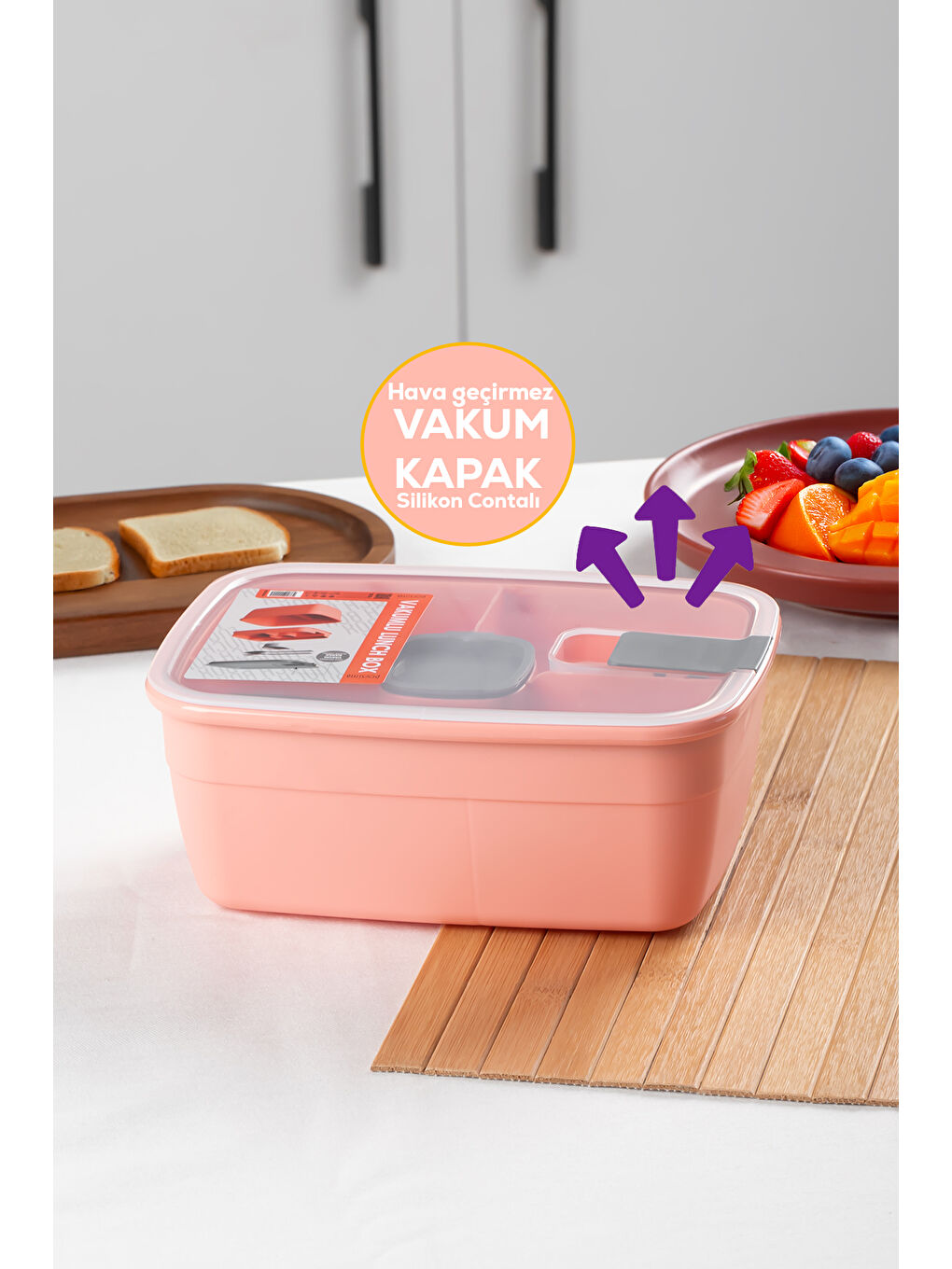 Pembe 3193 Vakumlu Kendinden Kaşık Çatallı Sosluklu Bölmeli Beslenme Çantası- 2 Katlı Lunch Box-Sefer Tası-1