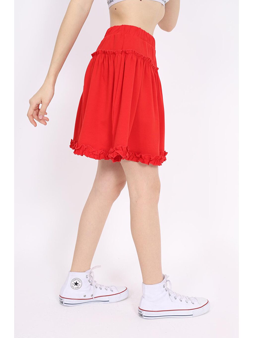 Kırmızı Kız Çocuk Etek Fırfırlı Büzgülü-3