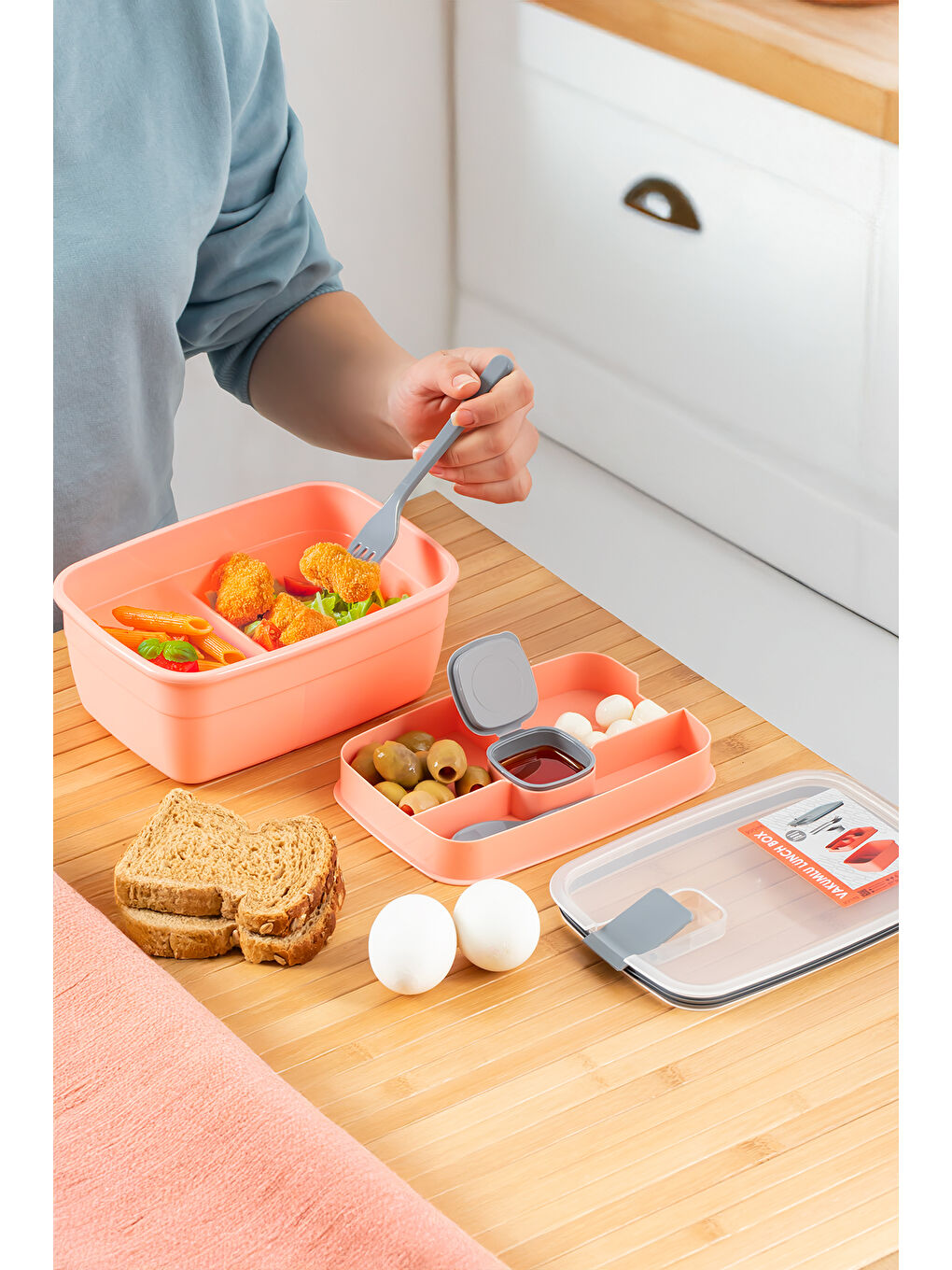 Pembe 3193 Vakumlu Kendinden Kaşık Çatallı Sosluklu Bölmeli Beslenme Çantası- 2 Katlı Lunch Box-Sefer Tası-2