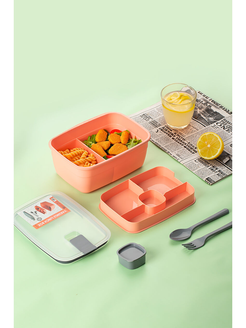 Pembe 3193 Vakumlu Kendinden Kaşık Çatallı Sosluklu Bölmeli Beslenme Çantası- 2 Katlı Lunch Box-Sefer Tası-3