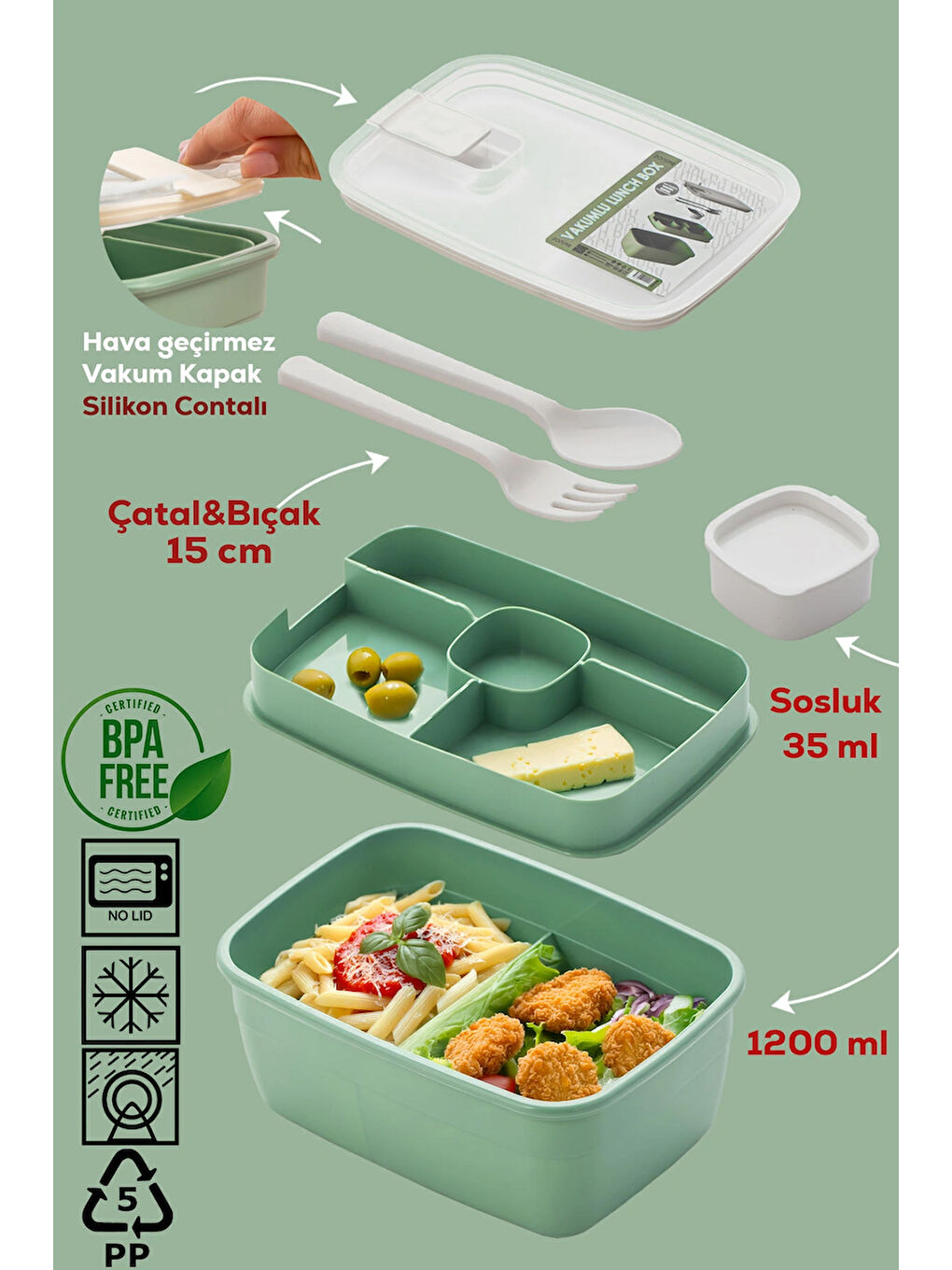 Yeşil 3191 Vakumlu Kendinden Kaşık Çatallı Sosluklu Bölmeli Beslenme Çantası- 2 Katlı Lunch Box-Sefer Tası