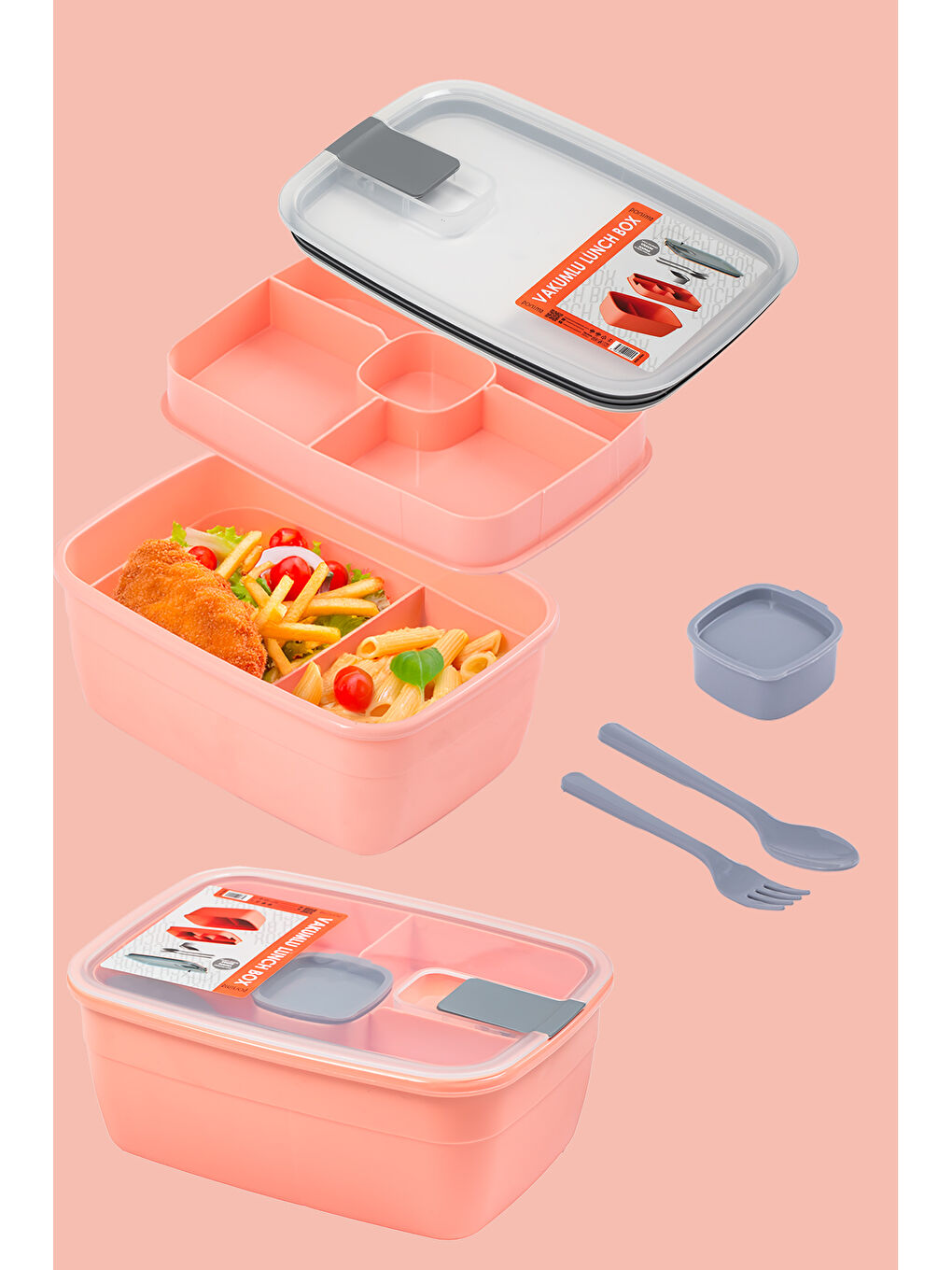 Pembe 3193 Vakumlu Kendinden Kaşık Çatallı Sosluklu Bölmeli Beslenme Çantası- 2 Katlı Lunch Box-Sefer Tası-4