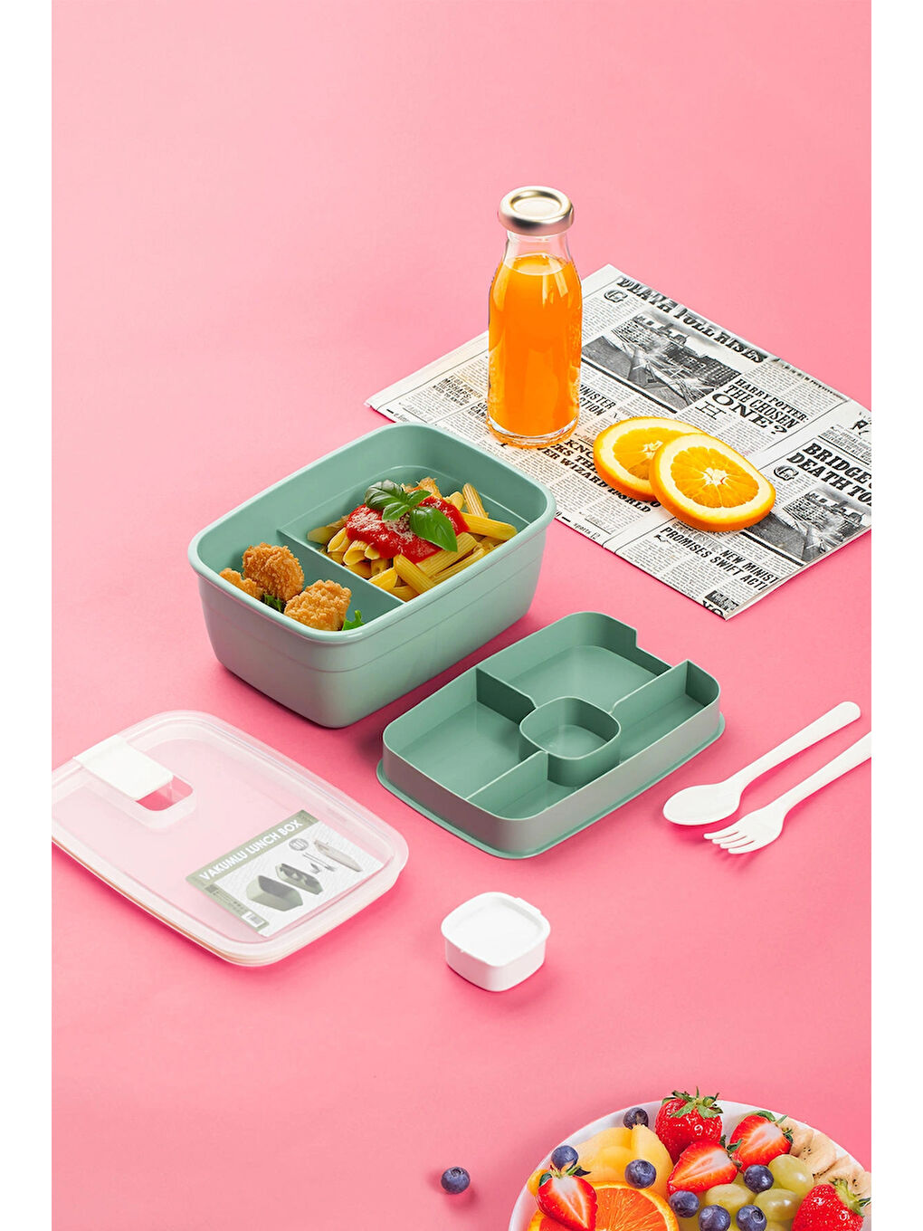 Yeşil 3191 Vakumlu Kendinden Kaşık Çatallı Sosluklu Bölmeli Beslenme Çantası- 2 Katlı Lunch Box-Sefer Tası-1