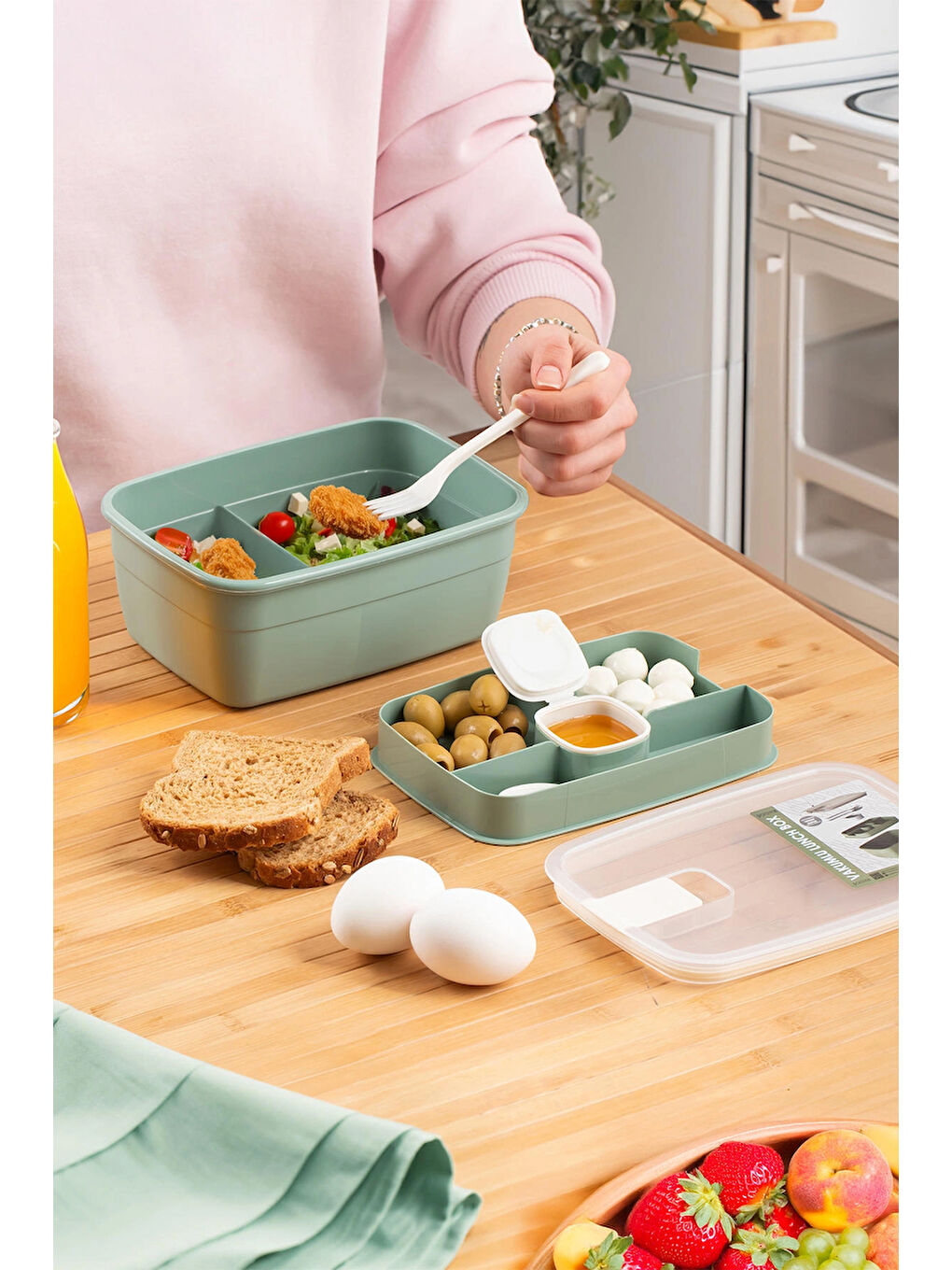 Yeşil 3191 Vakumlu Kendinden Kaşık Çatallı Sosluklu Bölmeli Beslenme Çantası- 2 Katlı Lunch Box-Sefer Tası-2