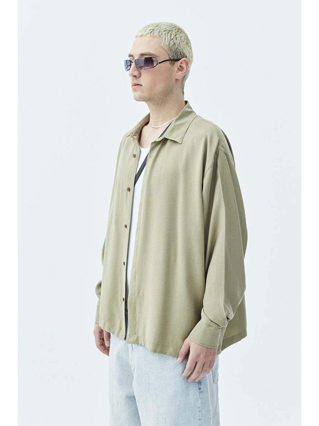 Basıc Oversize Uzunkollu Modal Karışımlı Gömlek Haki-1