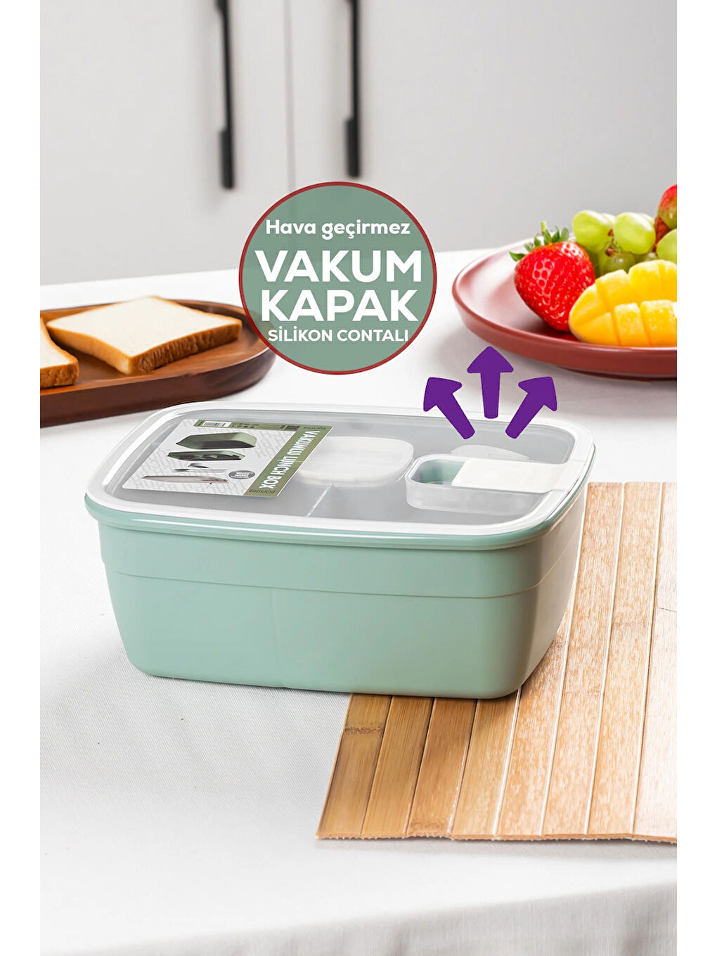 Yeşil 3191 Vakumlu Kendinden Kaşık Çatallı Sosluklu Bölmeli Beslenme Çantası- 2 Katlı Lunch Box-Sefer Tası-4
