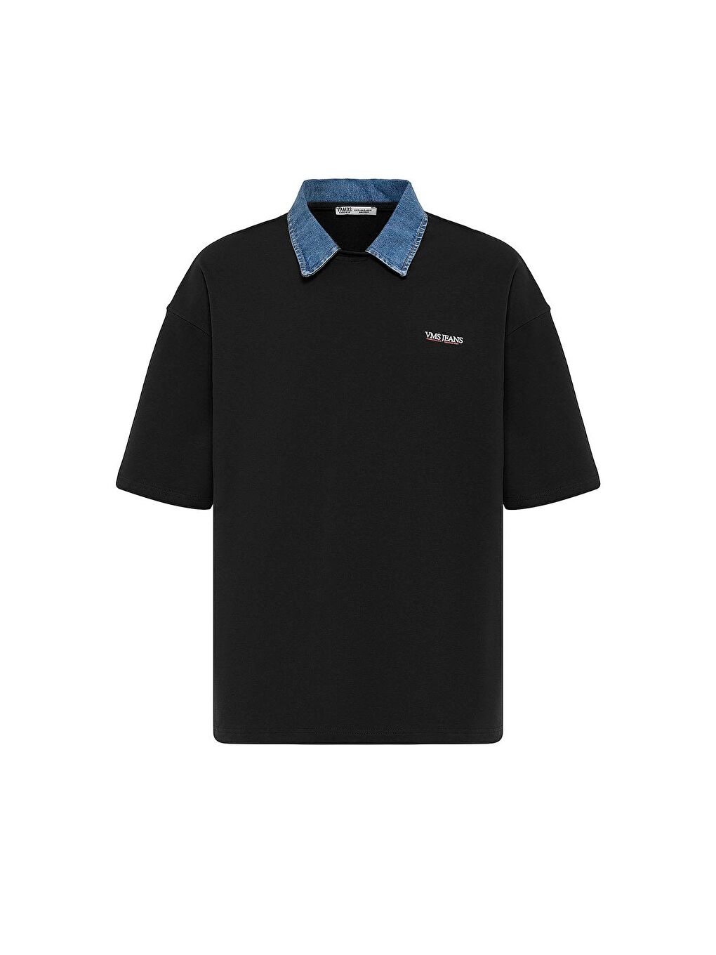 Polo Yaka Yazı Detaylı Oversize Tişört Siyah-1