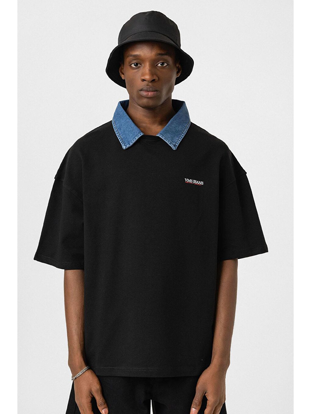 Polo Yaka Yazı Detaylı Oversize Tişört Siyah-2