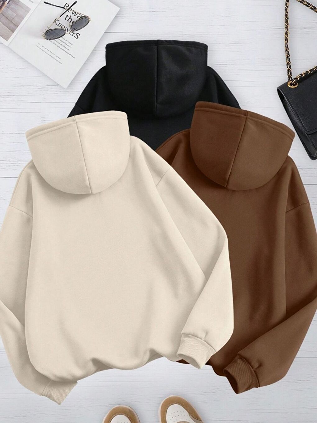 Karışık 3lü Kapüşonlu Set Kahve Siyah Bej Düz Oversize Sweatshirt Hoodie-1