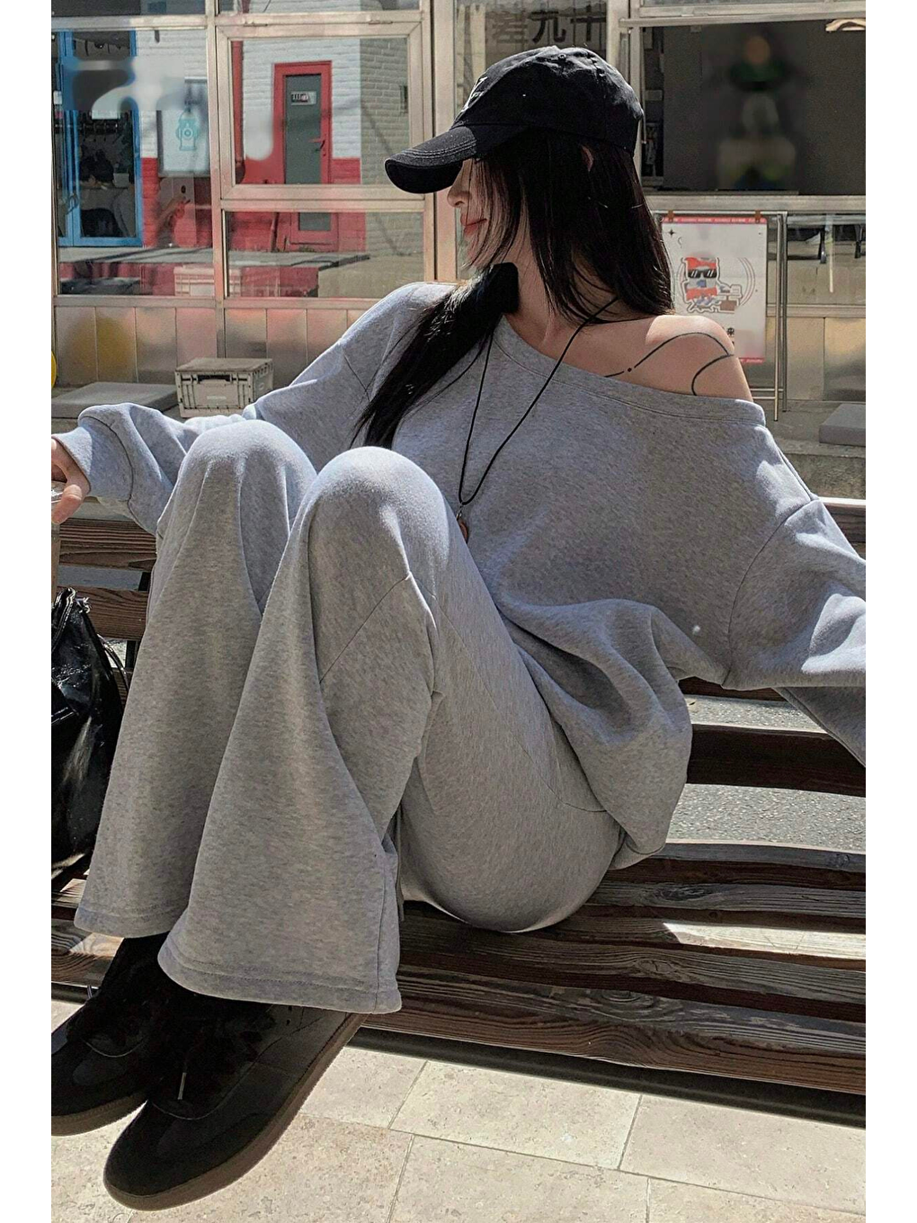 Kadın Gri Düşük Omuz Yumuşak Basic Sweat Eşofman Takımı-1