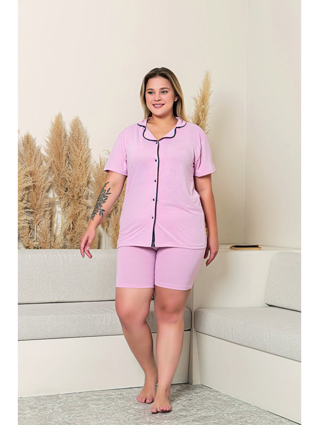 Pembe Kadın %100 Pamuk Biyeli Yüksek Kaliteli Gömlek Yaka Düğmeli Kısa Kollu Şortlu Pijama Takımı-3