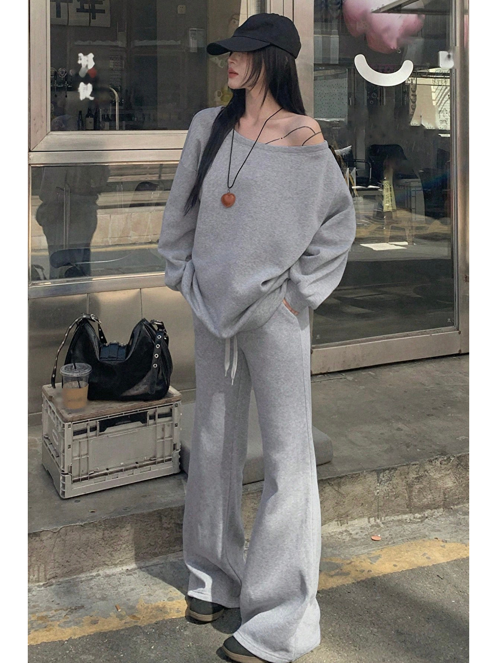 Kadın Gri Düşük Omuz Yumuşak Basic Sweat Eşofman Takımı-2