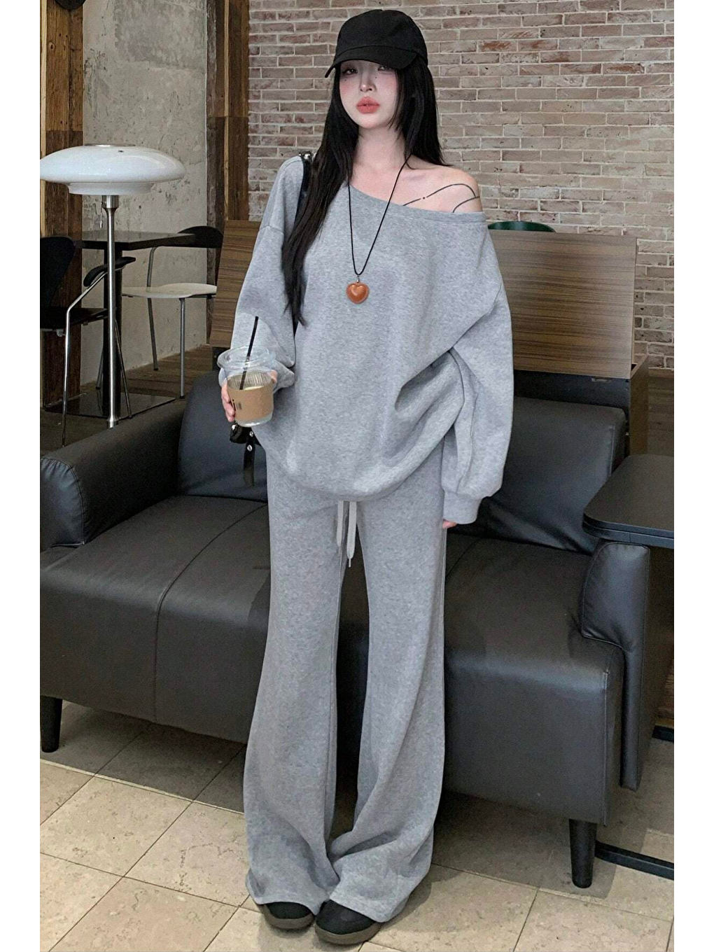 Kadın Gri Düşük Omuz Yumuşak Basic Sweat Eşofman Takımı-3