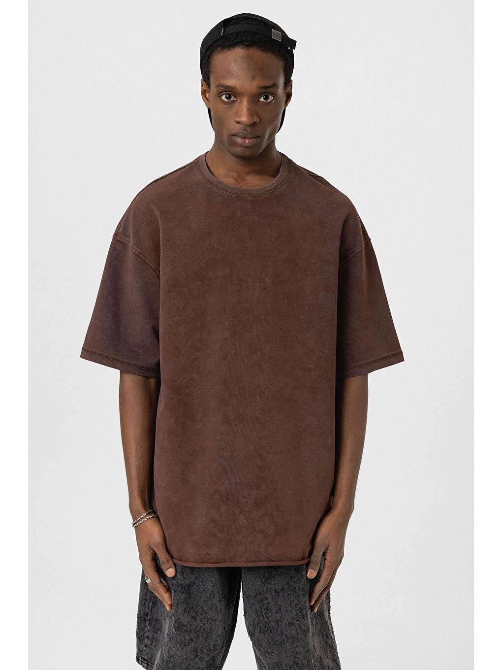 Kahverengi Yıkamalı Basic Oversize Tişört Kahve-2