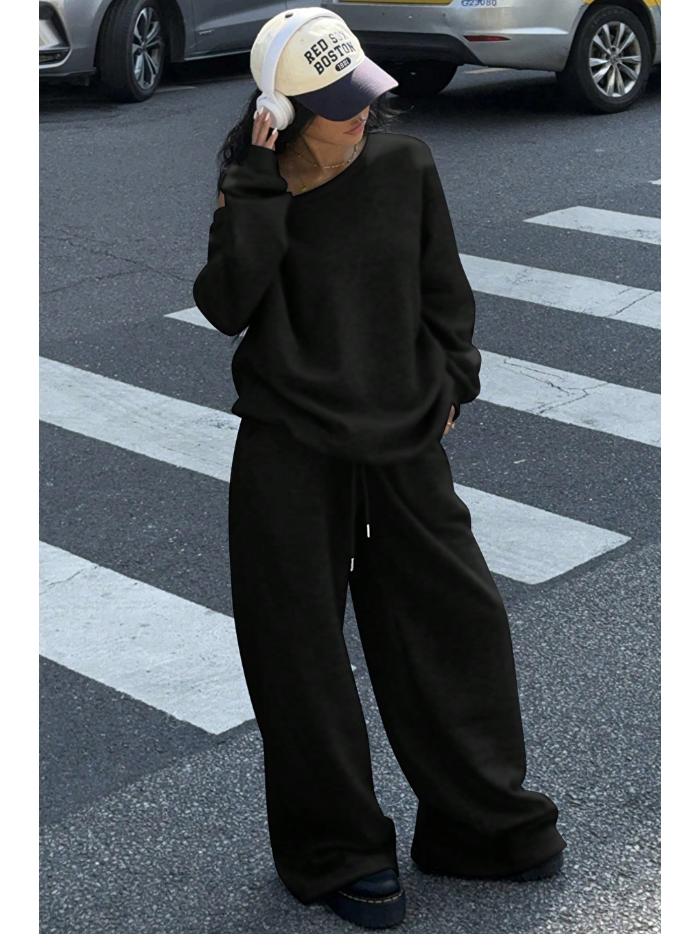 Kadın Siyah Düşük Omuz Yumuşak Basic Sweat Eşofman Takımı-2