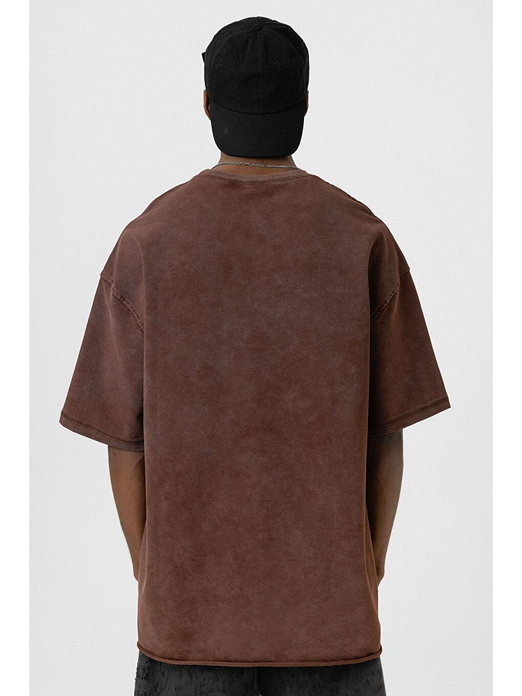 Kahverengi Yıkamalı Basic Oversize Tişört Kahve-4