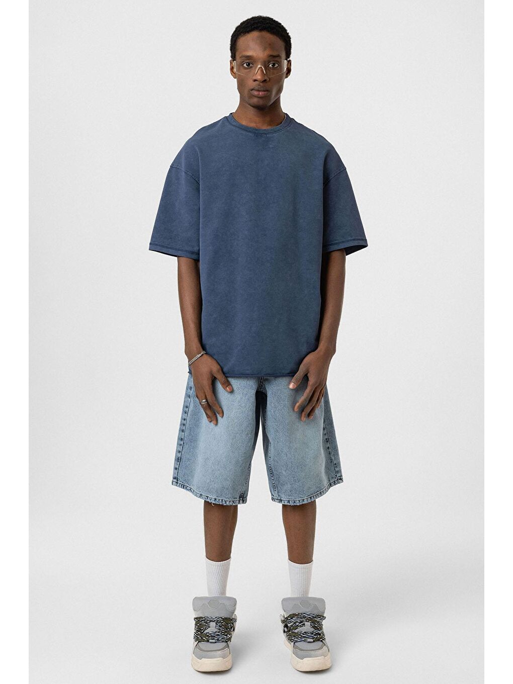 Yıkamalı Basic Oversize Tişört İndigo