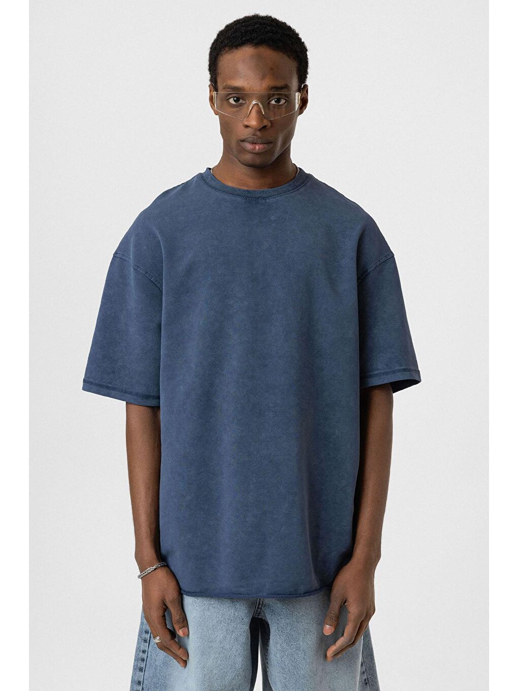 Yıkamalı Basic Oversize Tişört İndigo-2