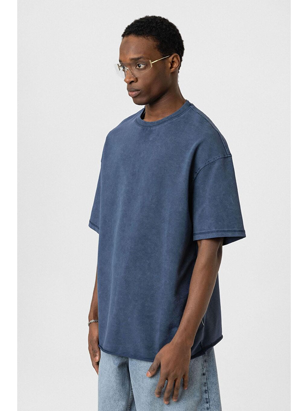 Yıkamalı Basic Oversize Tişört İndigo-3