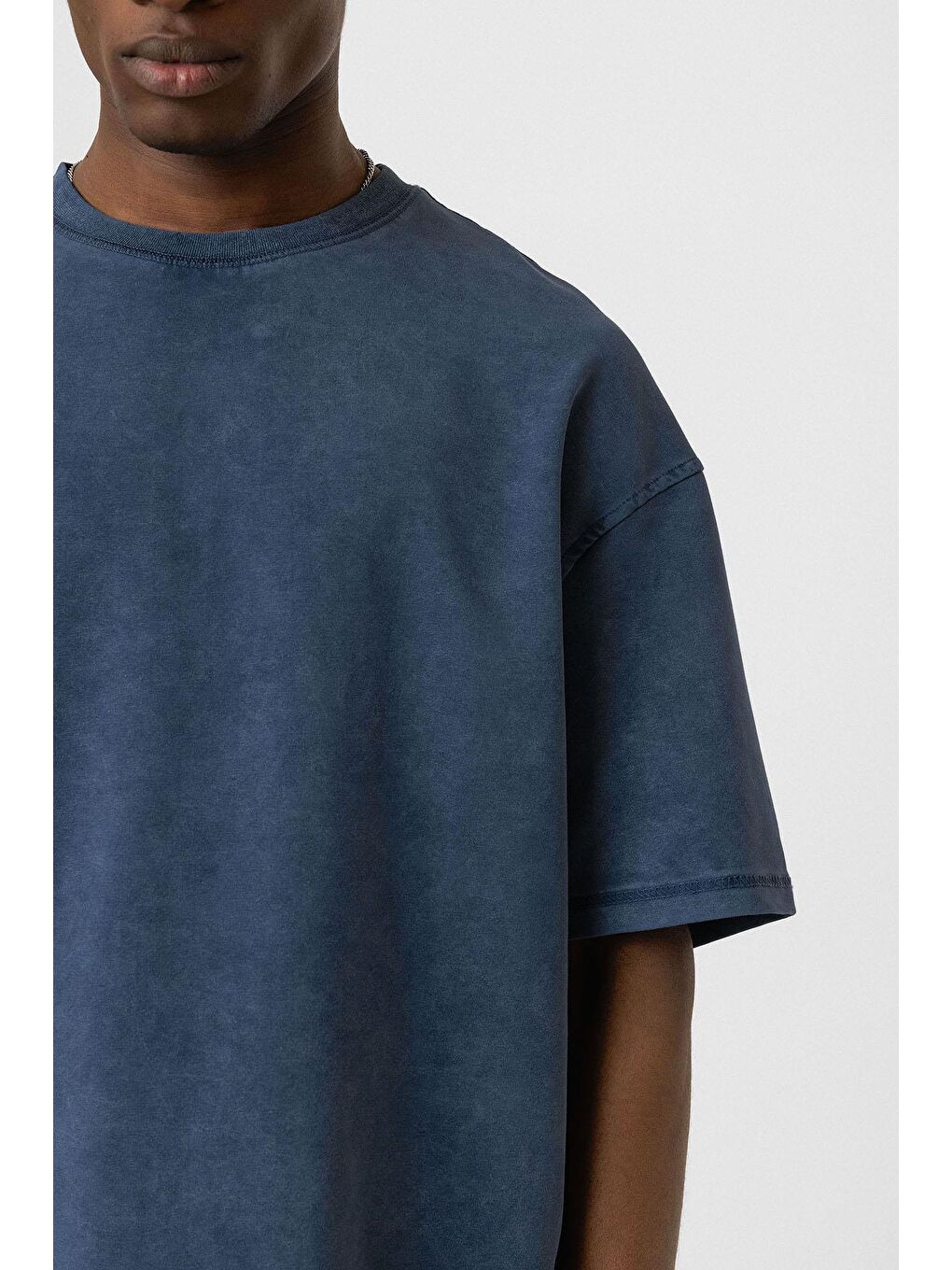 Yıkamalı Basic Oversize Tişört İndigo-4